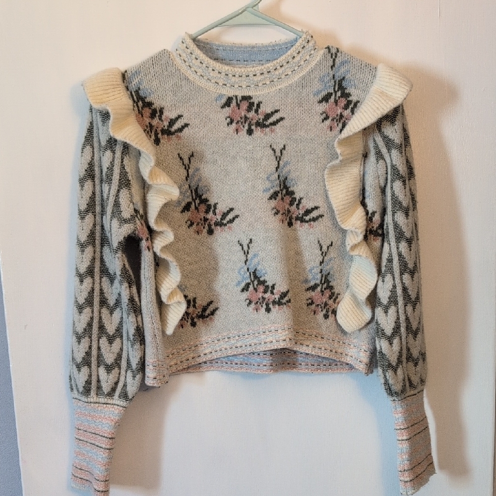 Floral Patterned Sweater with Ruffle Details